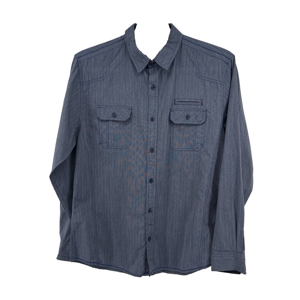 Tranquility Mayhem Men's L Blue Button Up Shirt‎ Long Sleeve Stitching Pockets